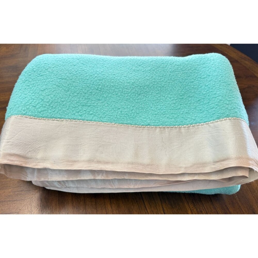 Vintage Mint Green Blue Blanket Throw Acrylic Satin Trim 82 x 74 READ WEAR STAIN
